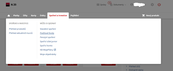 Záložka Spoření a Investice - Podílové fondy